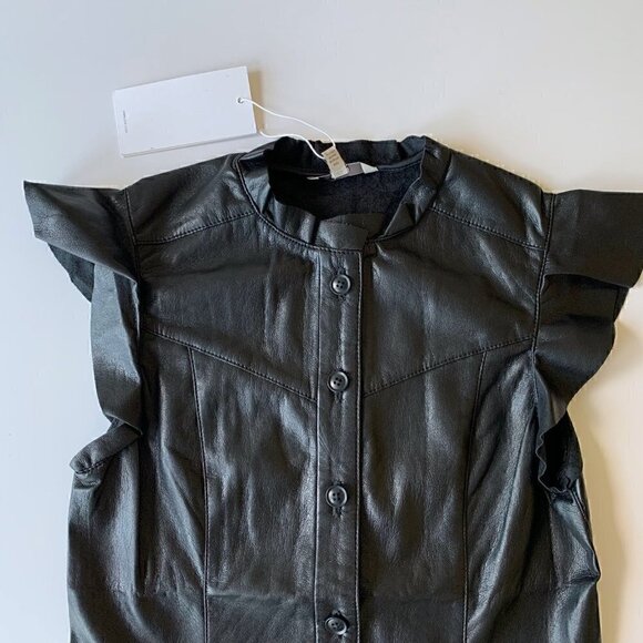 Joie Black Vegan Faux Leather Orien Flutter-Sleeve Top - Women & Juniors XXS - Picture 3 of 12